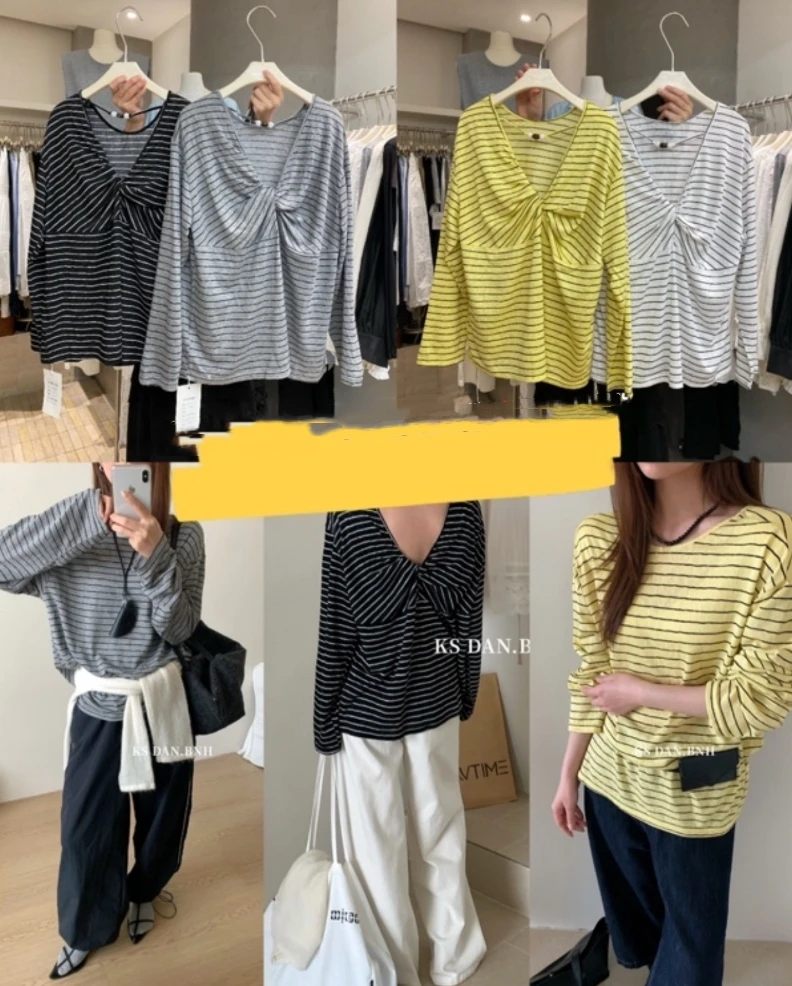 温柔瑶-Kiss#韩系设计感露背条纹长袖T恤#86707