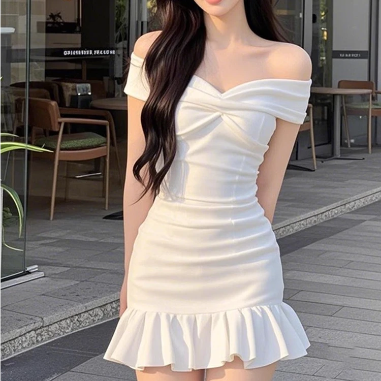 夏季短袖荷叶边包臀连衣裙显瘦修身温柔气质约会派对日常穿搭女装