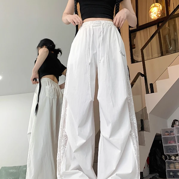 夏季白色拼接蕾丝镂空设计感宽松显瘦阔腿垂感休闲爵士舞休闲裤