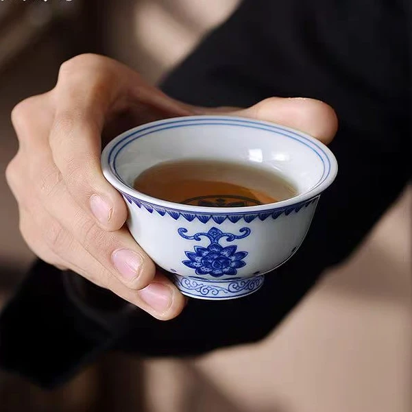 景德镇七丞堂宝相莲花纹主人杯青花小客杯高温瓷茶具套组家用陶瓷