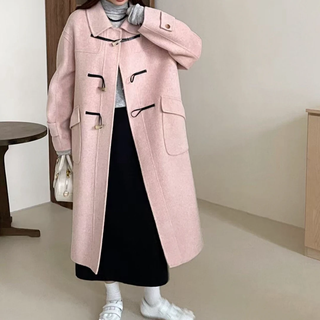 新款气质休闲韩版简约翻领长袖毛呢大衣外套DY5638