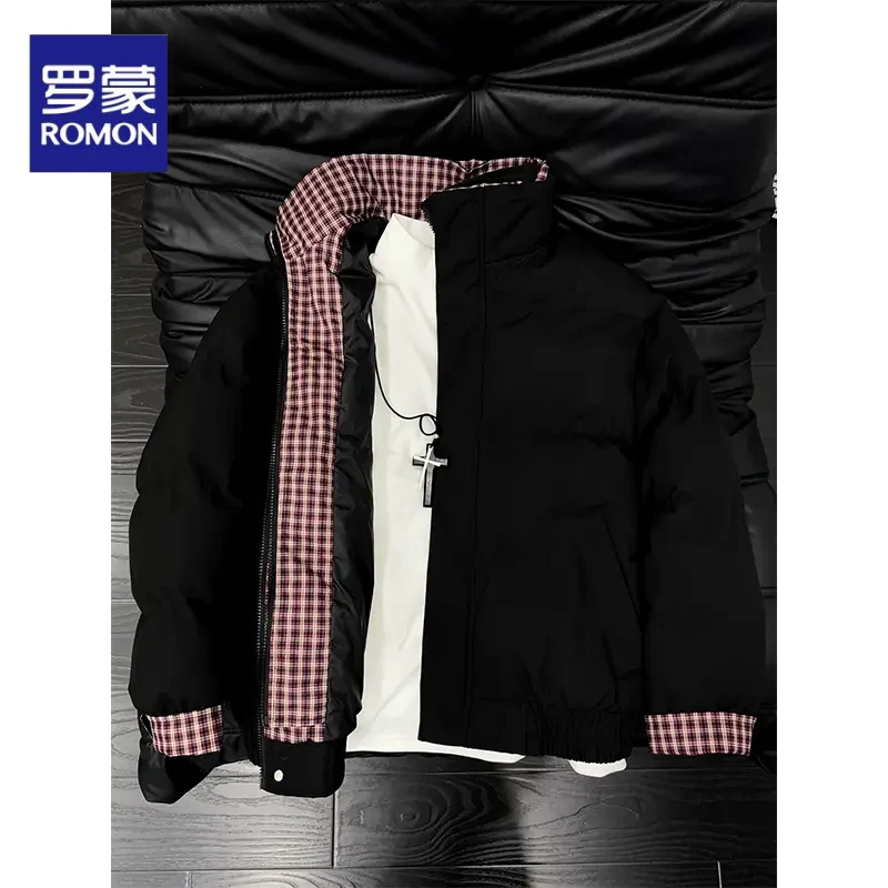 罗蒙假两件立领夹克棉服男冬季加厚保暖棉衣情侣外套美式拼接棉袄