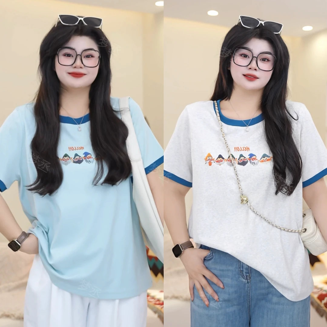 梦丞【七个小矮人】大码女装啊圆领撞色印花百搭显瘦休闲短袖T恤女