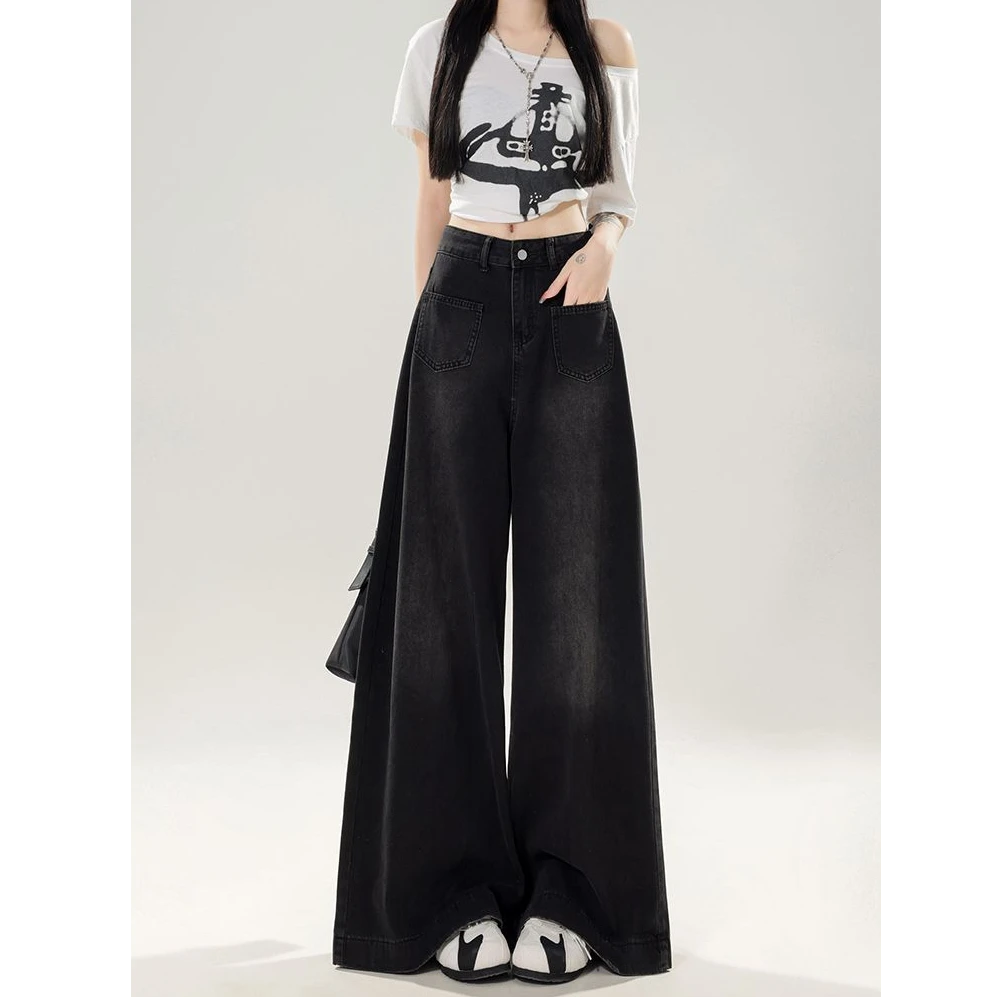 黑灰色大码水洗阔腿牛仔裤女2024秋季爆款复古高腰垂感百搭拖地裤
