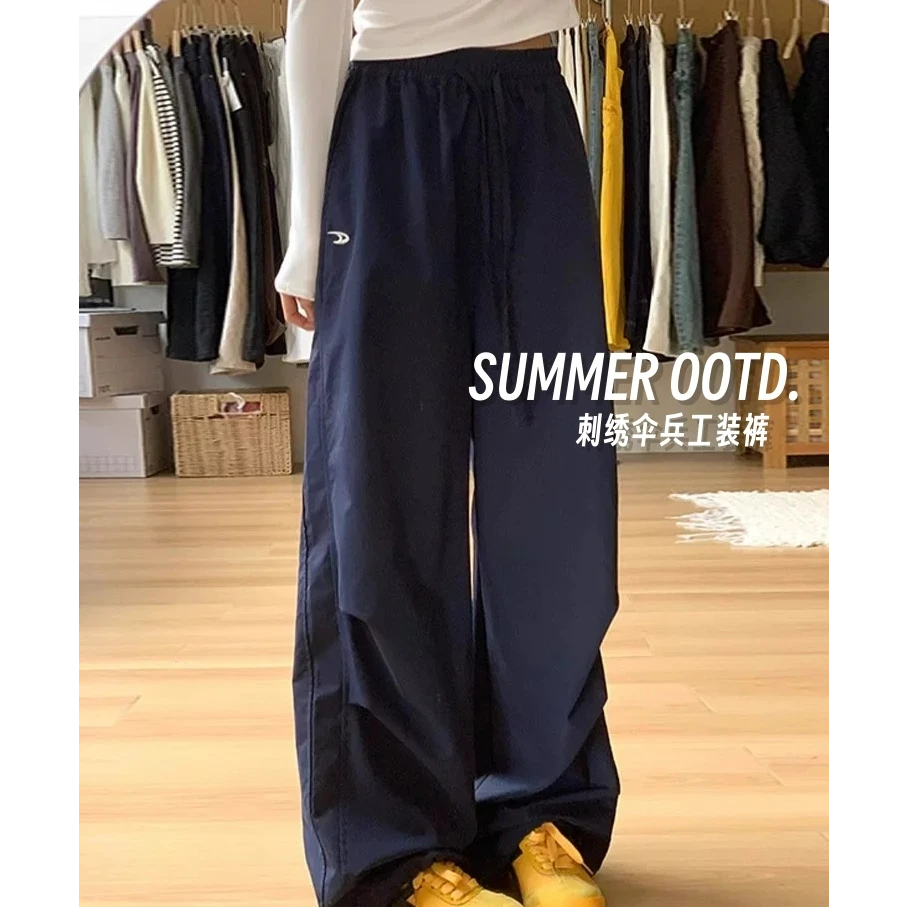 美式复古刺绣褶皱工装裤女2025春夏新款慵懒风宽松运动休闲阔腿裤