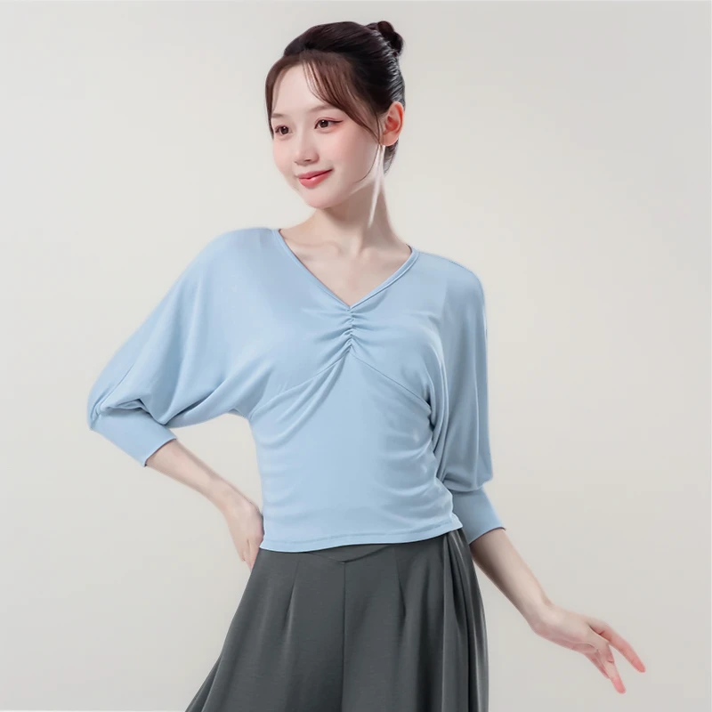 现代舞蹈服女早秋新款成人抽褶蝙蝠八分袖修身形体瑜伽练功服上衣