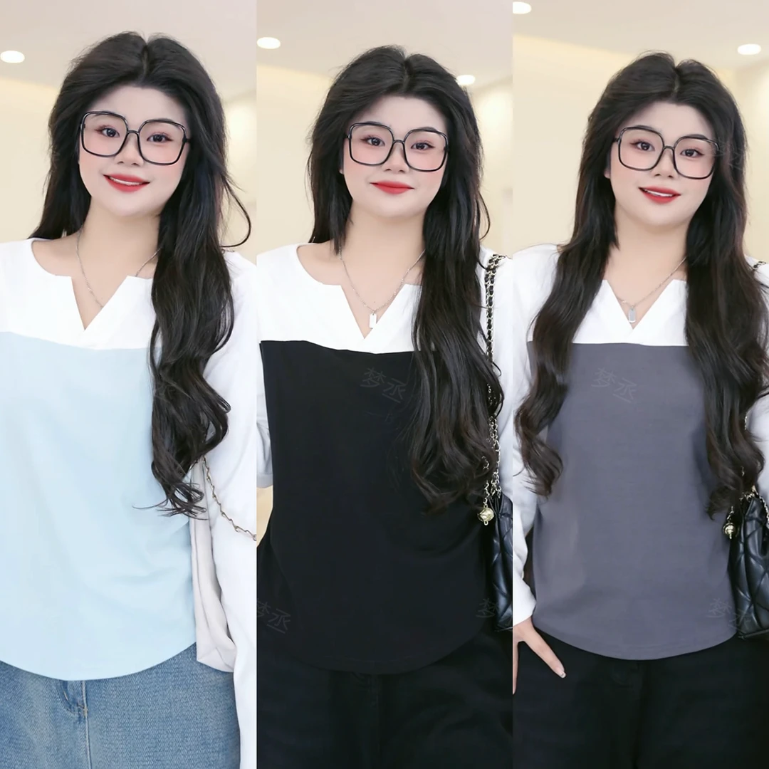 梦丞【进阶格调】大码女装高级感撞色拼接上衣气质减龄长袖针织衫