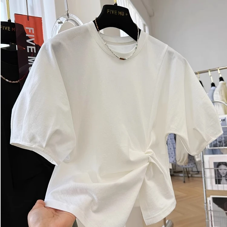 设计感扭结开叉修身短袖T恤女夏季不规则短款半袖单穿超好看上衣