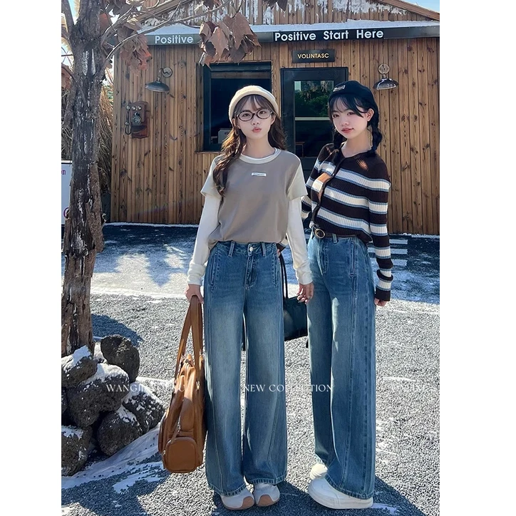 王家有鱼【小个子定制】秋冬新款直筒阔腿裤女2025年爆款休闲牛仔裤