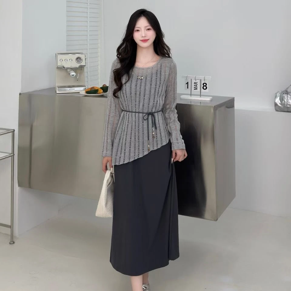 【芊朵 】不规则绑带宽松镂空长袖上衣慵懒气质时尚显瘦连衣裙套装