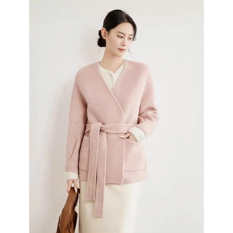 W503宽袖V领短款V字领毛呢羊毛外套中长款纯色常规款