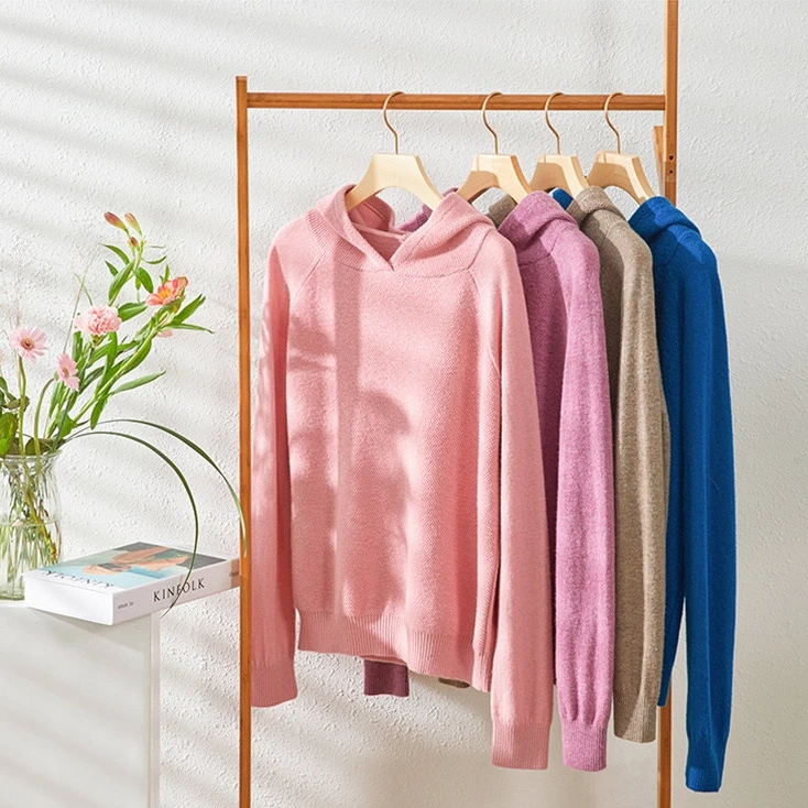 【连帽衫】慵懒风女士100%精纺绵羊毛针织衫纯色百搭显瘦秋冬毛衣