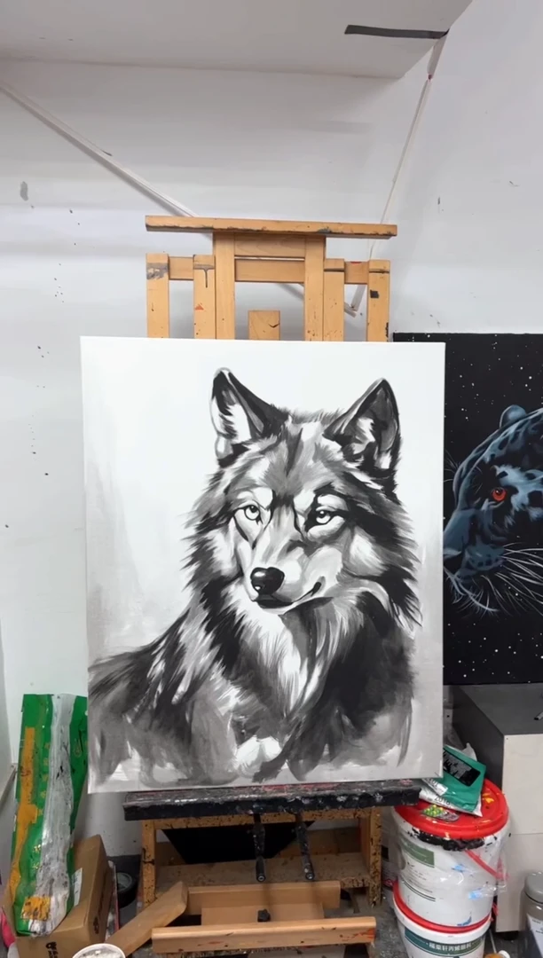 【闪购商品】丙烯画大树老师黑白狼丙烯不加框
