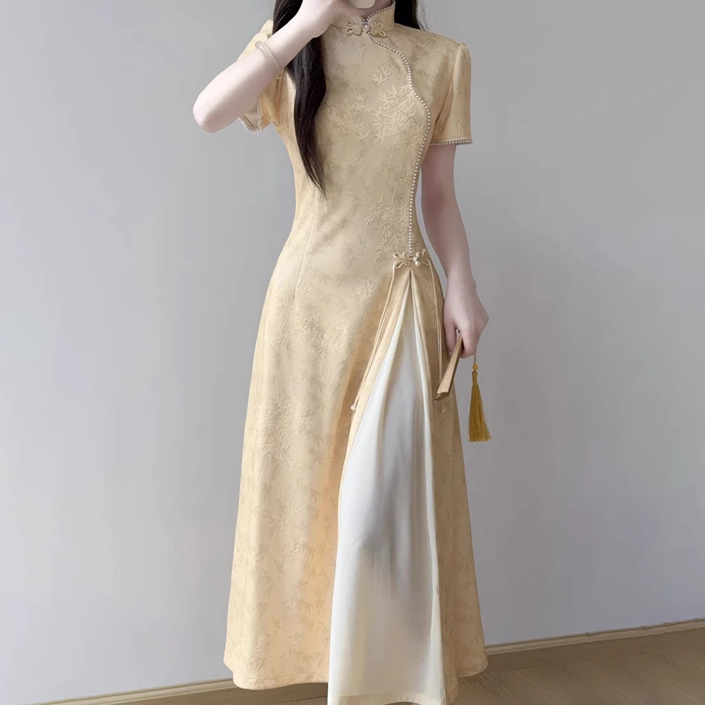 黄色新中式少女感A版无开叉旗袍2025年夏季新款遮肉日常款连衣裙