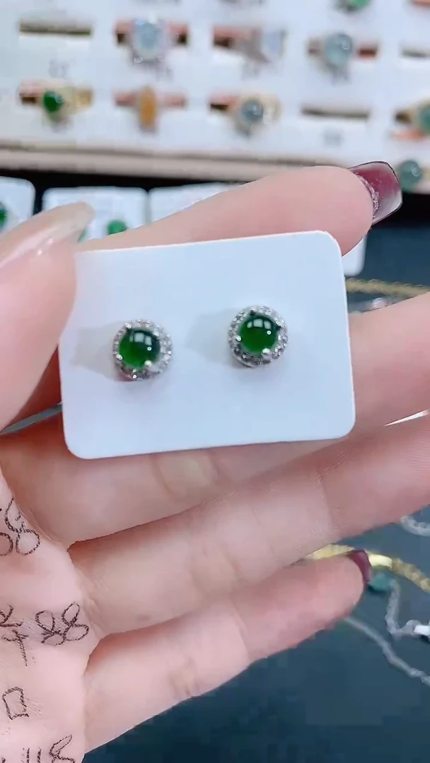 银S925镶嵌翡翠耳饰天然翡翠