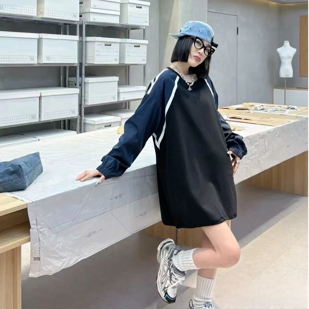 XPP特体大码圆领拼色压褶长袖卫衣宽松遮肚子中长款休闲上衣11689