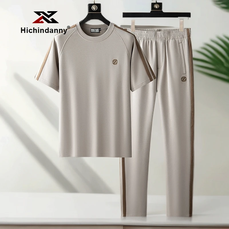 速干短袖休闲运动套装男夏季吸汗莫代尔棉时尚刺绣圆领舒适套装