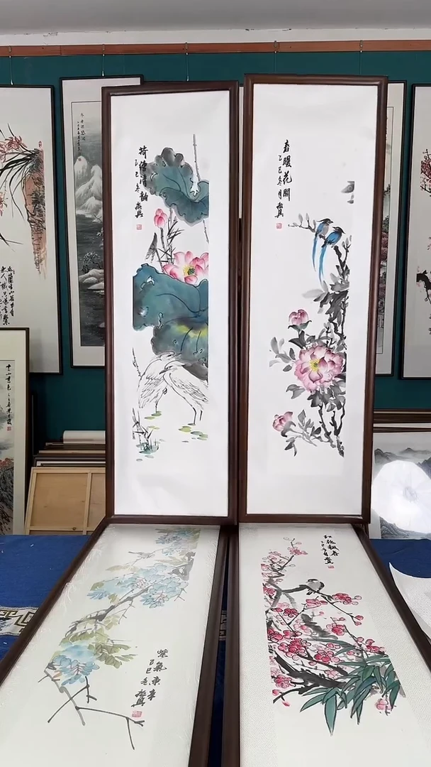 国画35*123四条屏实木装裱