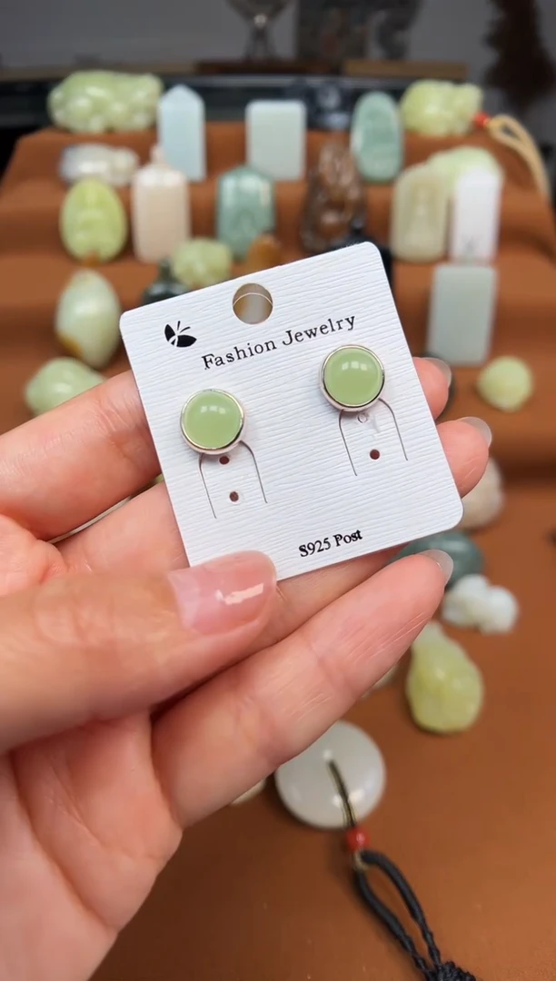 和田玉银S925镶嵌颈饰耳钉