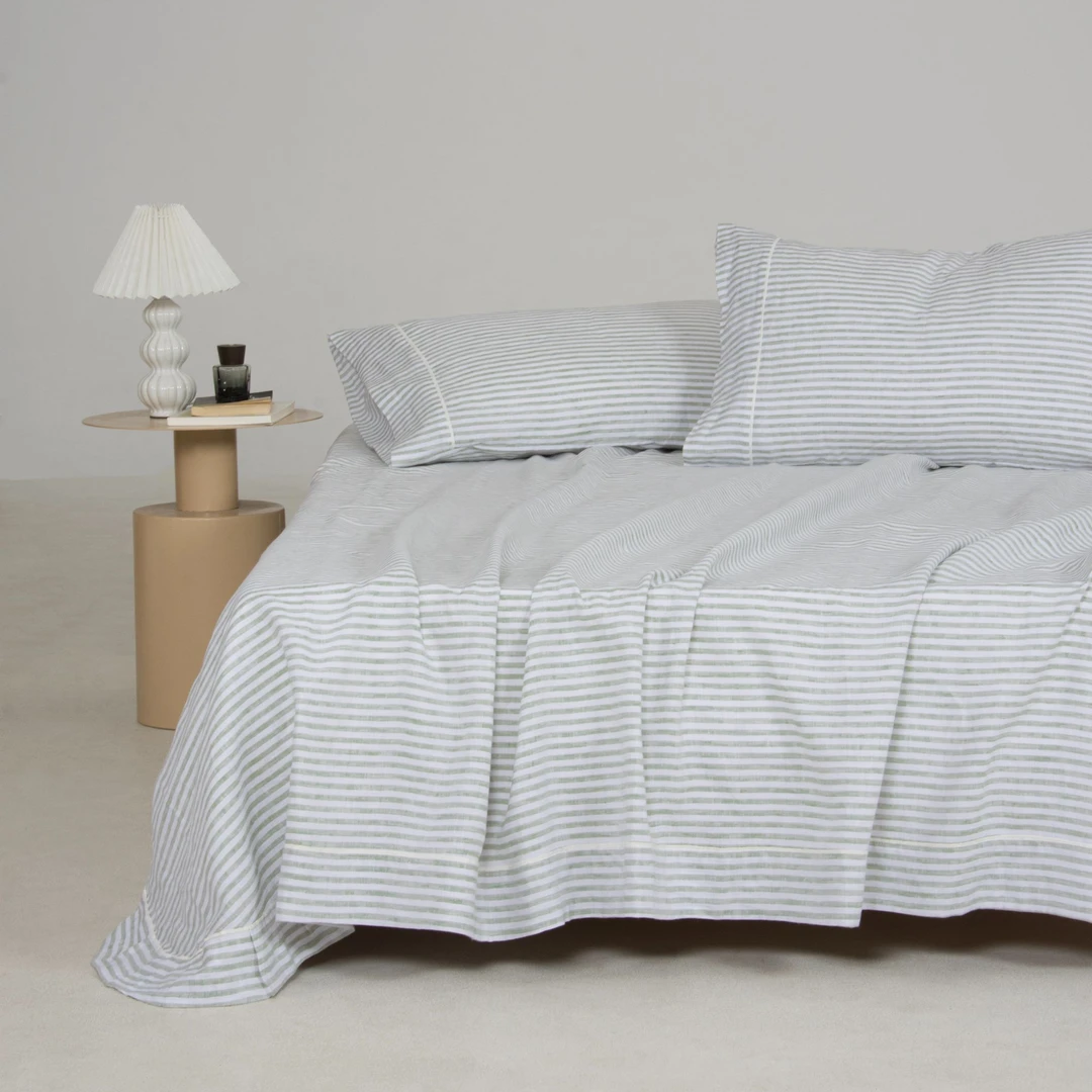 一丝浓法国雨露亚麻床单三件套漫游条纹系列苔踪绿白条纹