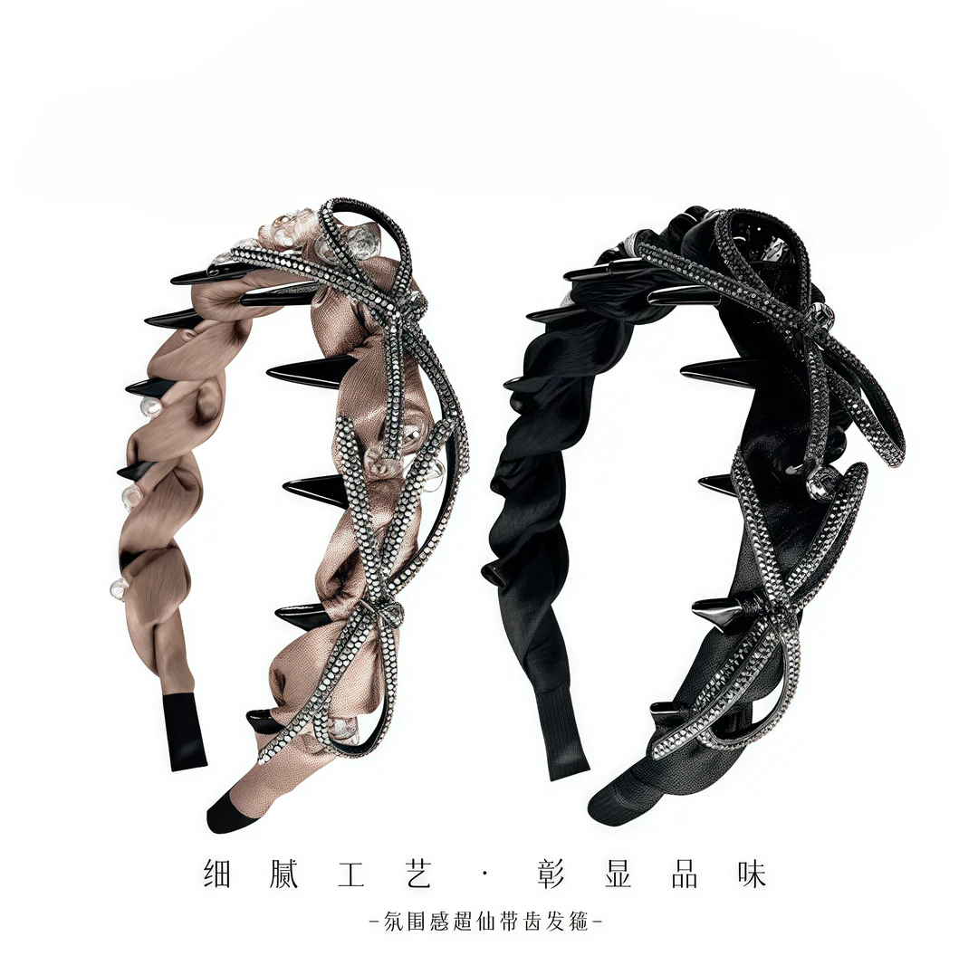2025新款重工高级感时尚百搭发箍手工黑色蝴蝶结褶皱带防滑齿头箍