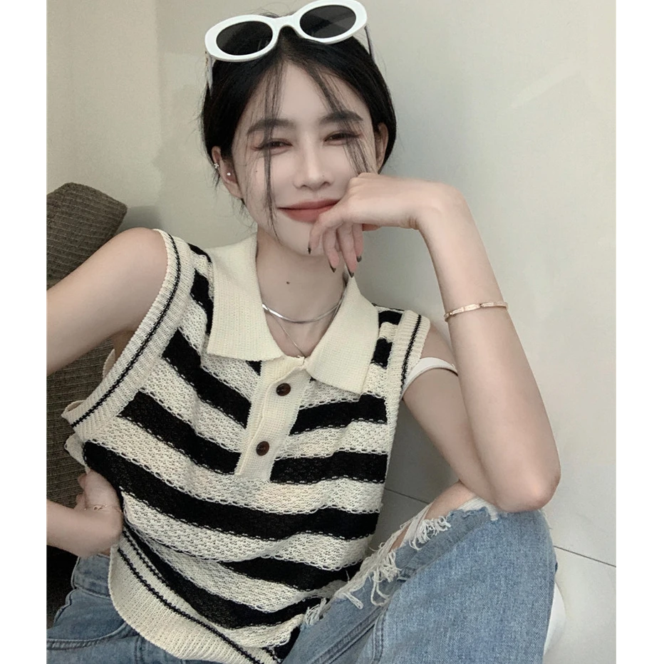 【工厂直销】设计感小众复古背心女夏季镂空宽松外穿内搭polo领上衣