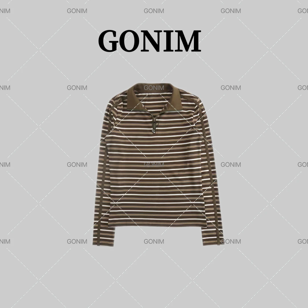 Gonim·"撞色条纹"2025春秋字母时尚百搭重工长袖T恤女