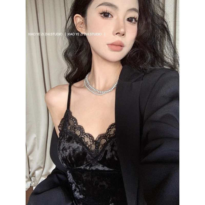 TY.Studio汤圆私服蕾丝花边丝绒背心女秋冬短款修身弹力裹胸上衣
