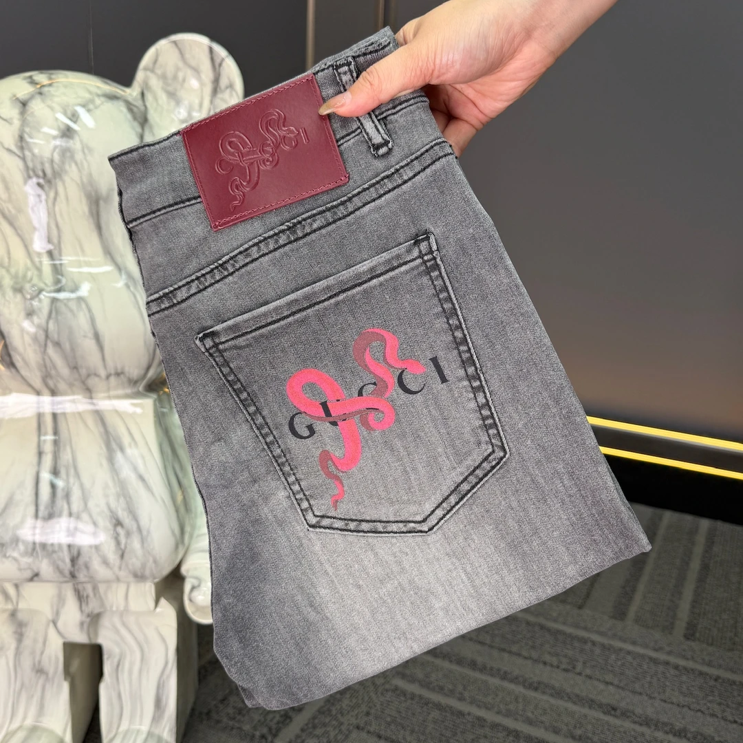 【LY专属】夏季新款手绘印花男士牛仔裤弹力烟灰色修身小直筒牛仔裤