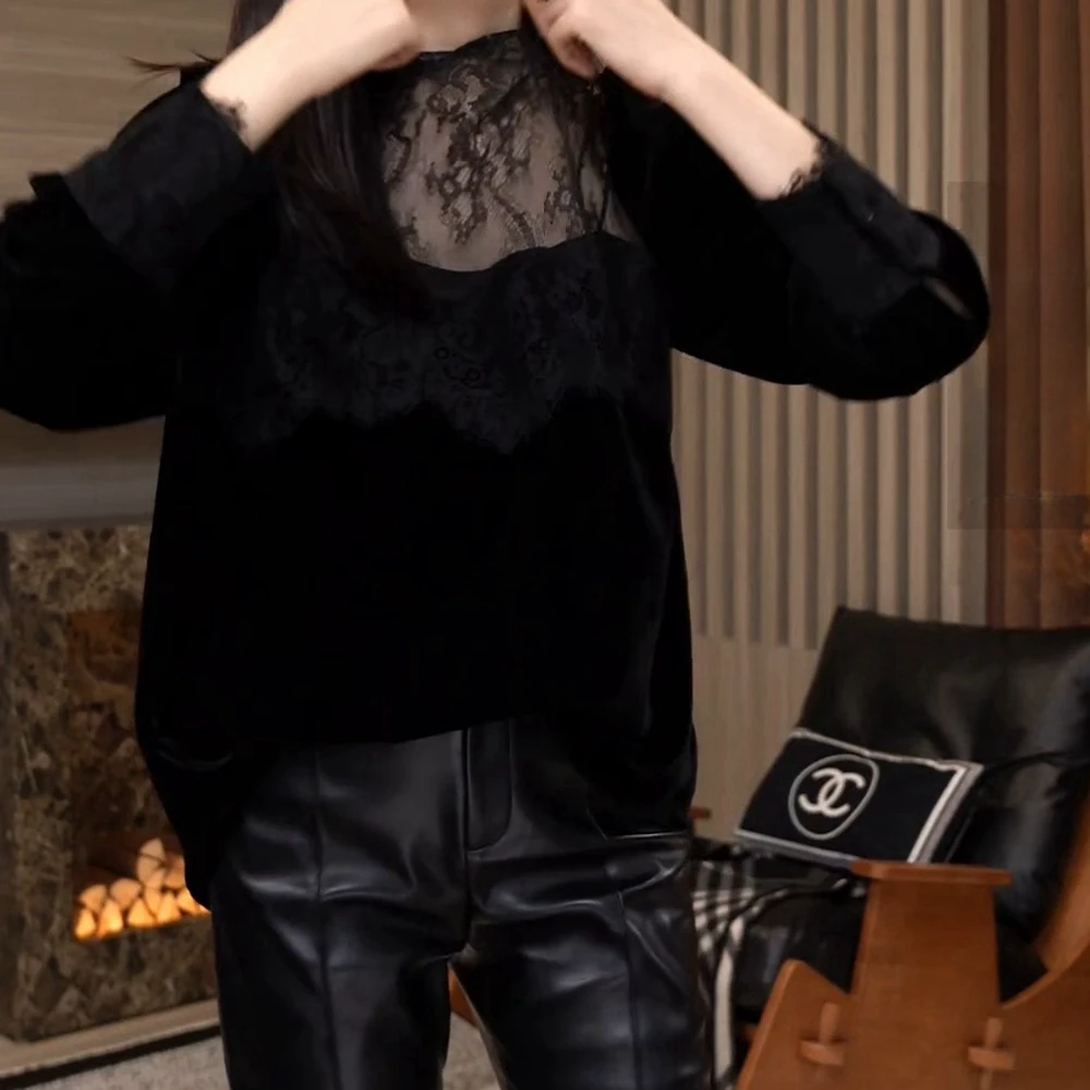 【Jason colors】气质镂空高定内搭丝绒蕾丝衬衣黑色长袖拼接上衣