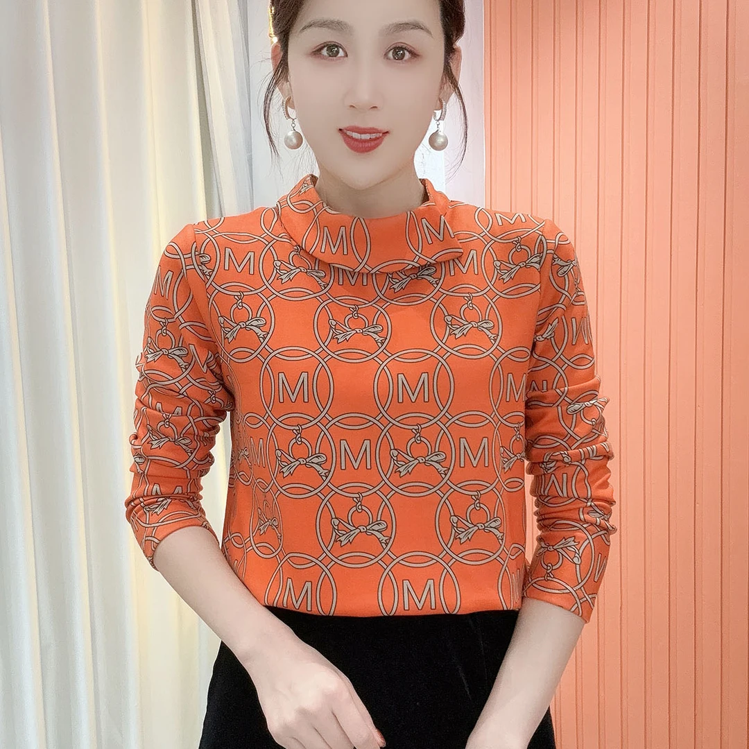 2025冬季新款半圆领印花气质百搭长袖减龄加绒打底衫上衣女778