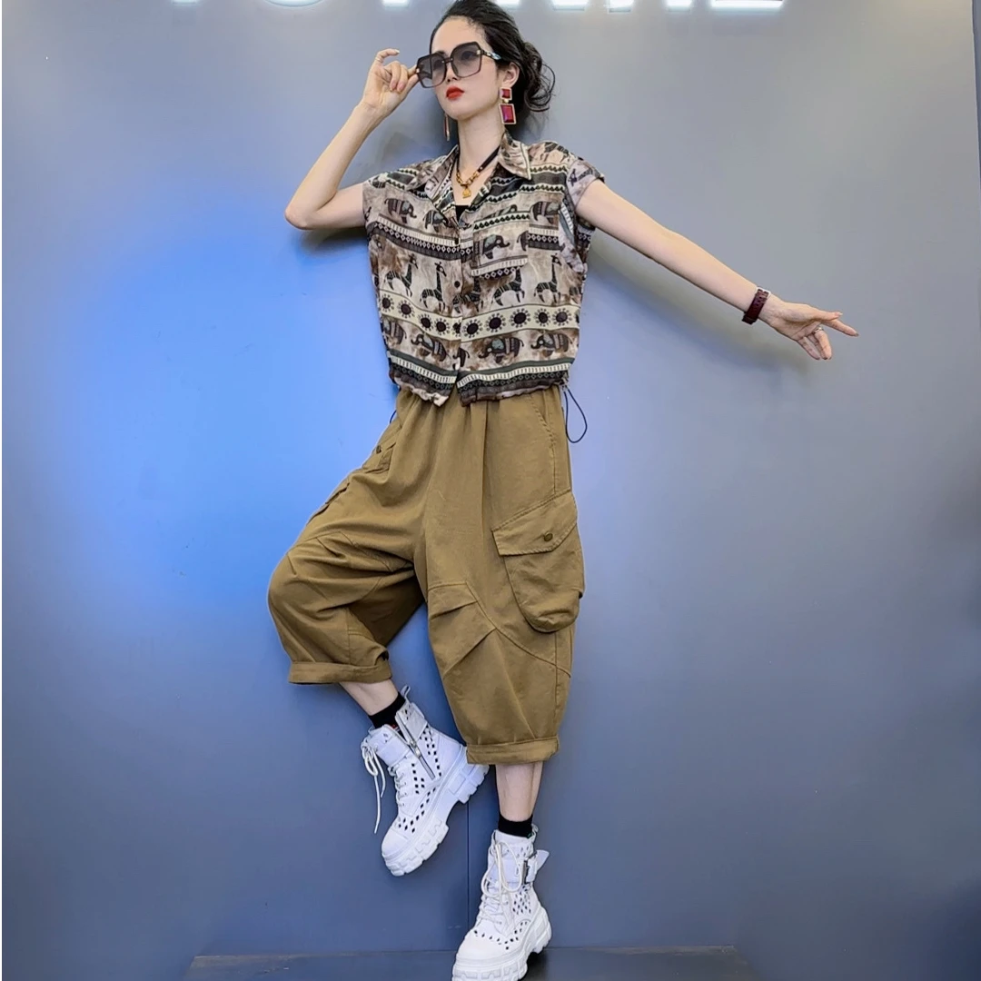 N1-2【印花 黑条 黄格】POLO领短袖-捏褶设计【咖 黑 白】色七分裤