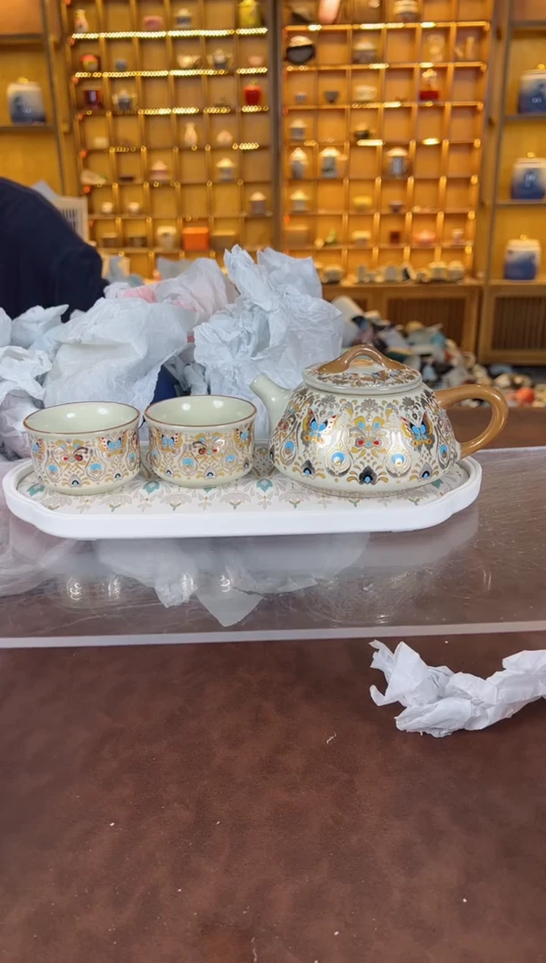 瓷片鸣盏居11111111金银错石瓢壶套装+茶盘