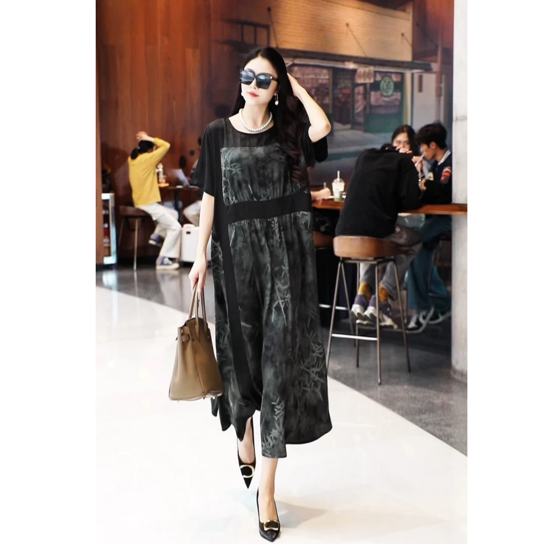 75637 绿 清风竹影 时尚优雅花卉拼接圆领连衣裙