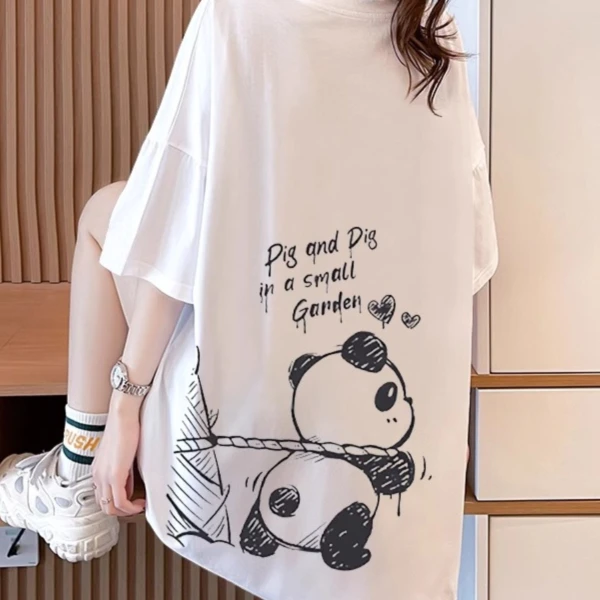 洋气小熊短袖t恤女2025新款爆款夏季宽松韩版中长款白色纯棉上衣