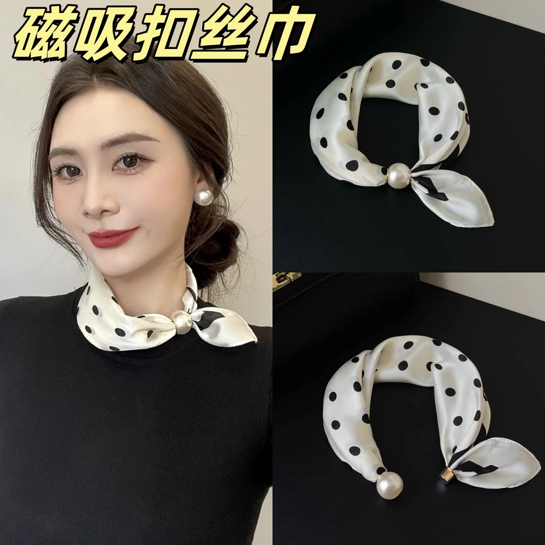 波点磁吸扣拼接长条丝巾女百搭装饰衬衫领巾春秋季围巾护颈小领巾