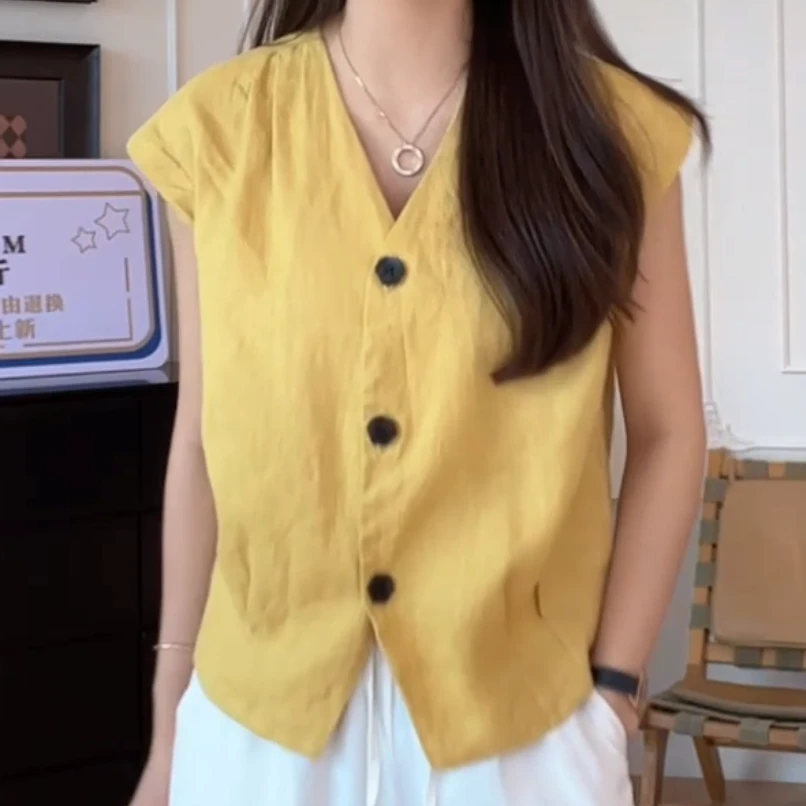 休闲时尚百搭舒适V领单排扣漂亮小衫女2025夏季新款薄款无袖上衣