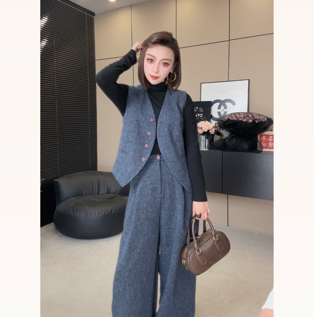 老钱风高级感马甲套装女春秋季2025新款韩系气质通勤阔腿裤两件套