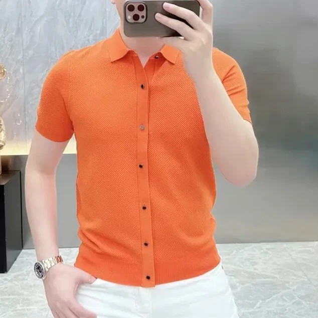 欧货轻奢短袖POLO男士针织冰丝半袖百搭夏季修身纯色翻领上衣6202