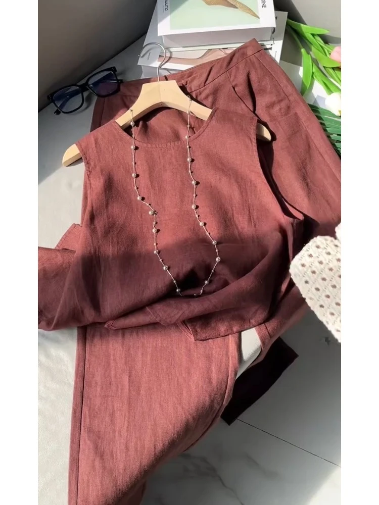 夏季松弛感穿搭大方得体气质高端小香风酒红色亚麻背心阔腿裤套装