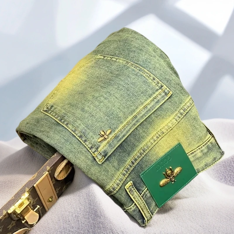 宾斯洛特时尚黄泥染牛仔裤男士春夏新款弹力修身小脚长裤子男潮