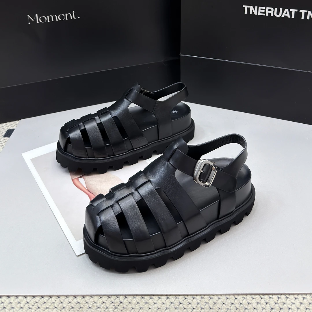 9977-1真皮包头编织罗马凉鞋女夏季新款镂空松糕厚底休闲猪笼鞋