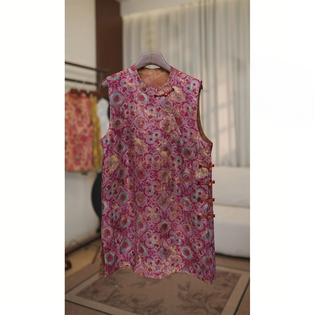 【红琳】斜襟提花中长款无袖薄款立领上衣网红中式百搭上衣女