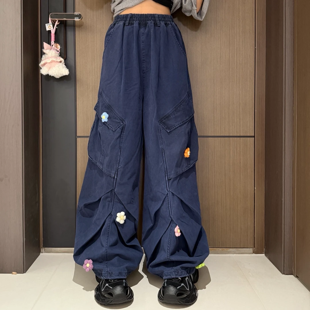 TTY青少年装2025秋花朵刺绣侧边设计斜口袋阔腿直筒裤278017