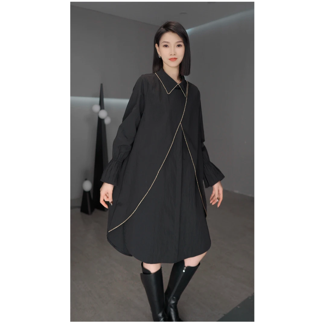 鑫鑫春季新款设计感宽松假两件衬衫裙长袖中长款港味宽松裙子5388