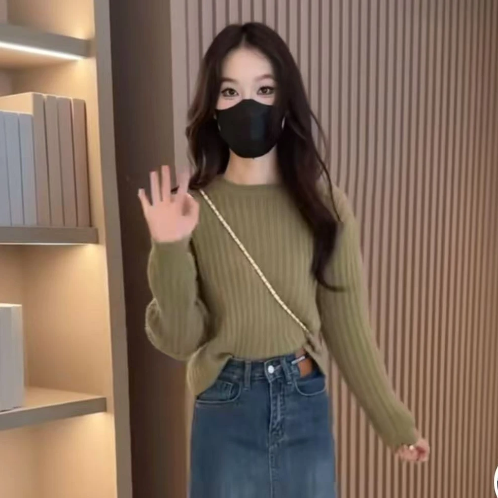 柒叁玖玖时尚百搭后开叉长袖上衣女2024秋款上衣洋气圆领针织衫