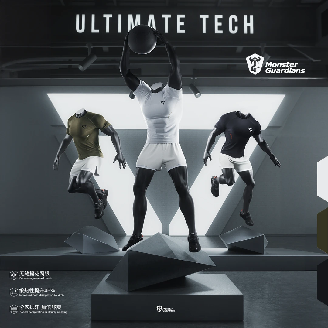 MonsterGuardians男子一体编织轻薄透气健身运动散热训练短袖