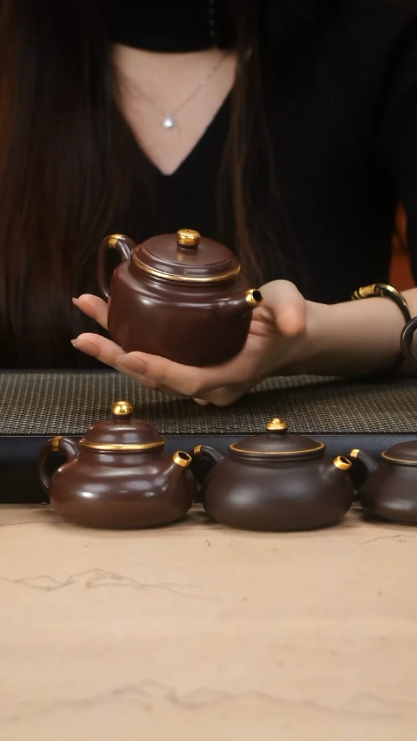 茶壶紫砂四号井茄皮紫泥描金薄胎德钟160cc