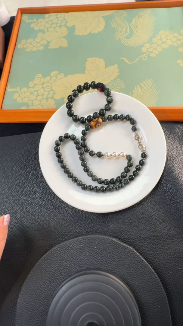 未镶嵌蛇纹石玉套装聚宝盆三眼项链加12mm手串套装