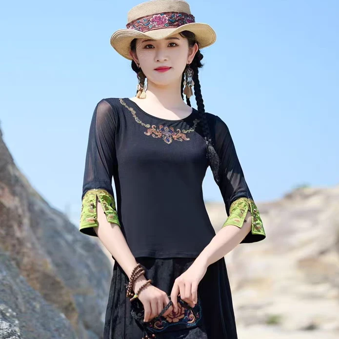 夏季民族风女装复古中袖薄款正版网纱打底上衣中国风刺绣圆领T恤